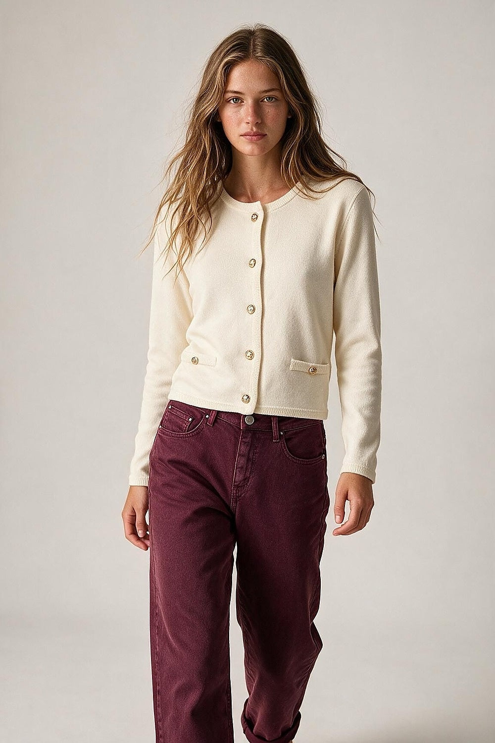 Cream Fine Knit Gold Button Crew Neck Cardigan Sweater - Cardigans