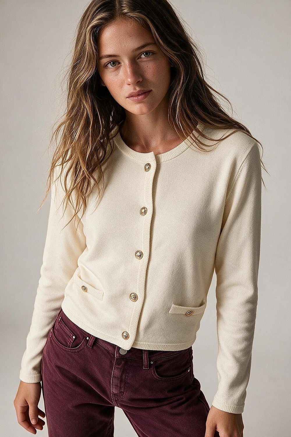 Cream Fine Knit Gold Button Crew Neck Cardigan Sweater
