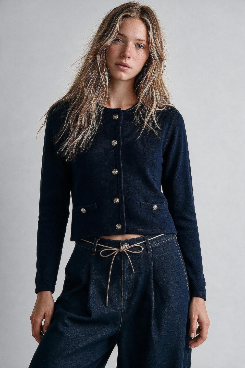 Navy Fine Knit Gold Button Cropped Cardigan Sweater - Cardigans