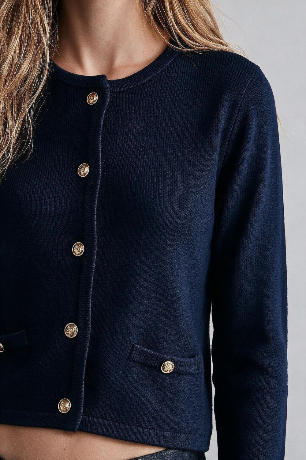 Navy Fine Knit Gold Button Cropped Cardigan Sweater - Cardigans