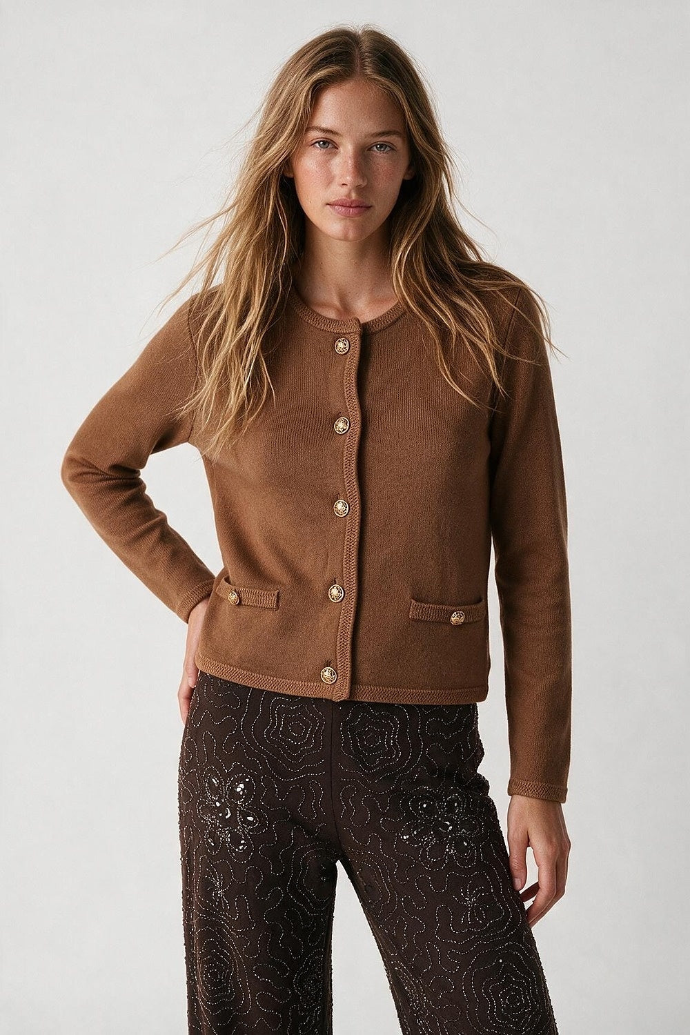 Brown Fine Knit Gold Button Cropped Cardigan Sweater - Cardigans