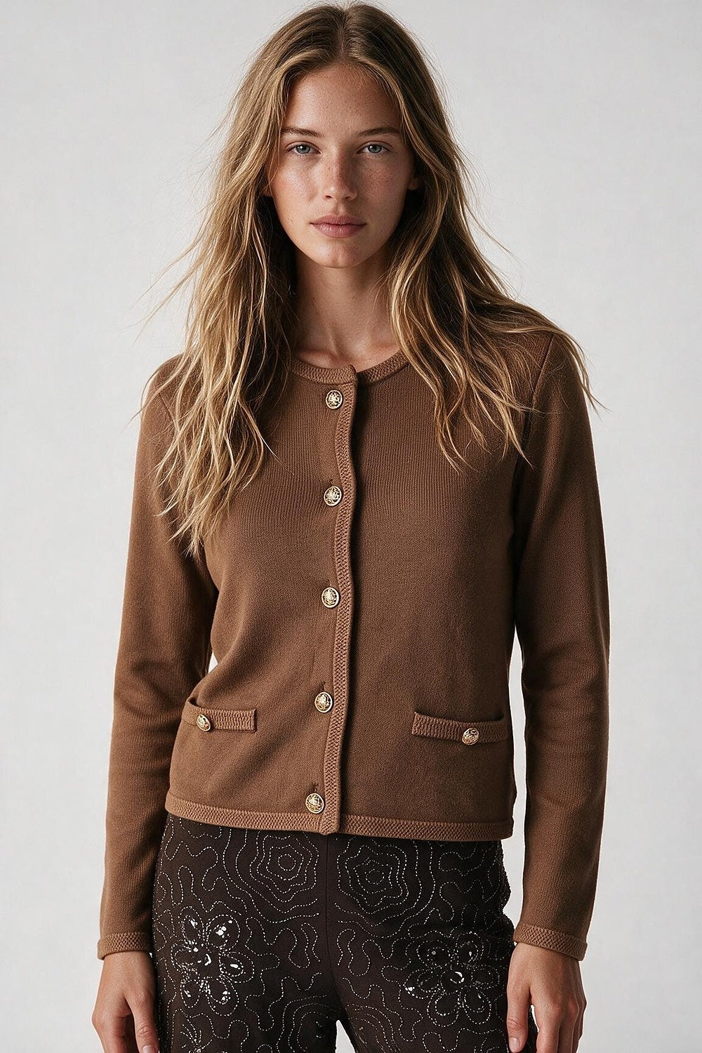 Brown Fine Knit Gold Button Cropped Cardigan Sweater - Cardigans
