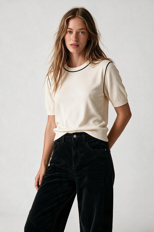 Cream Fine Knit Contrast Seam Regular Fit Short Sleeve sweater - Jumpers
