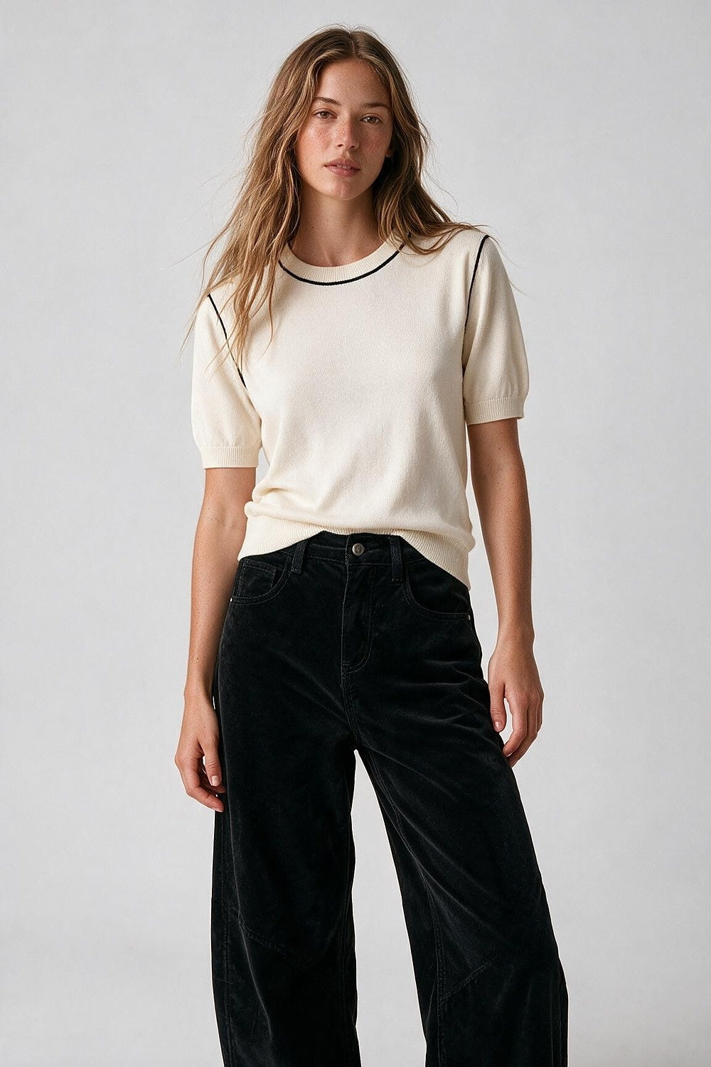 Cream Fine Knit Contrast Seam Regular Fit Short Sleeve sweater - Jumpers