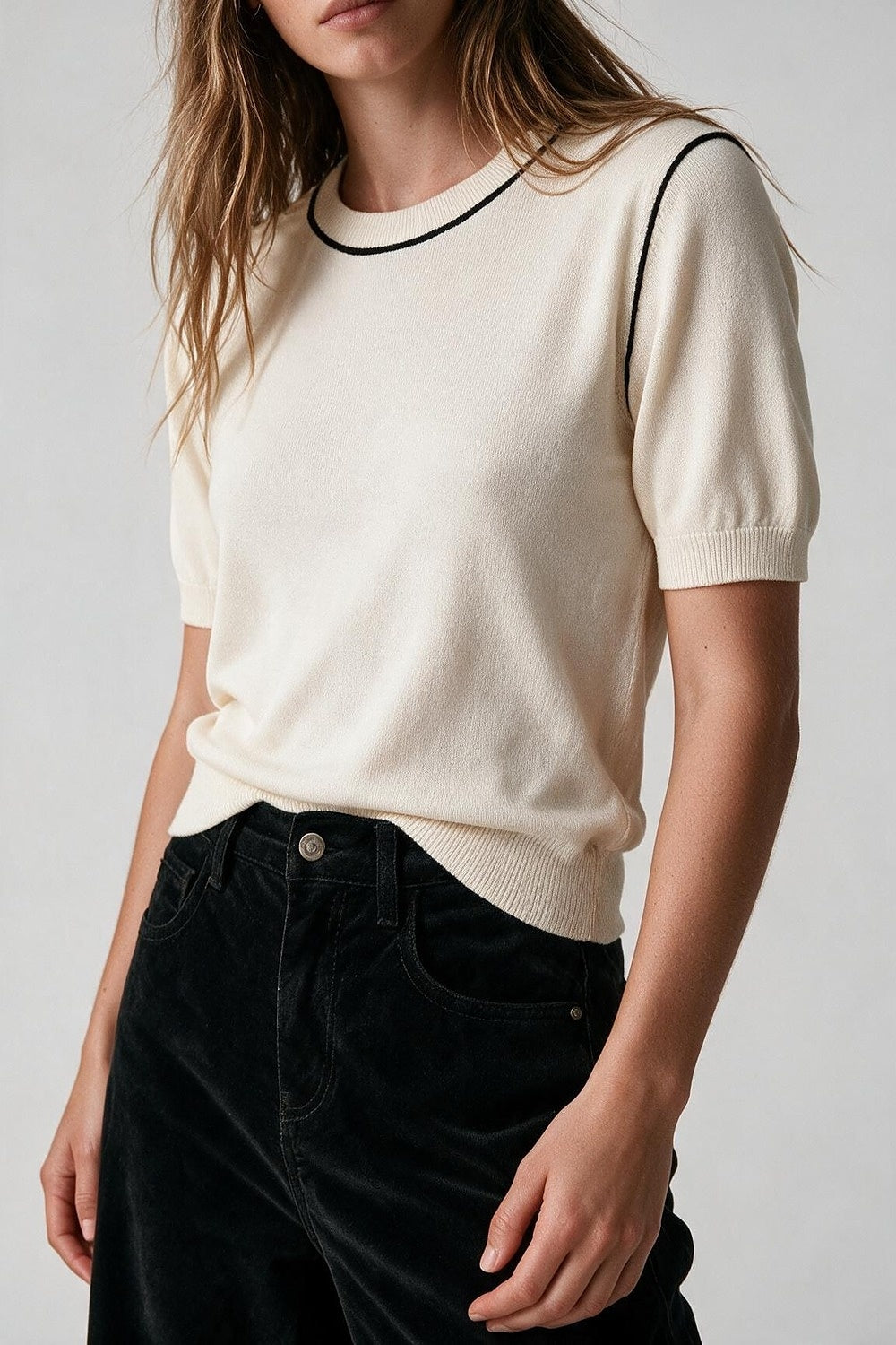 Cream Fine Knit Contrast Seam Regular Fit Short Sleeve sweater - Jumpers