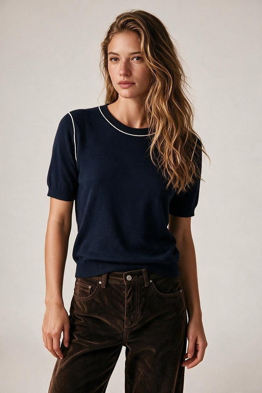 Navy Fine Knit Contrast Piping Short Sleeve Crew Neck sweater - Jumpers