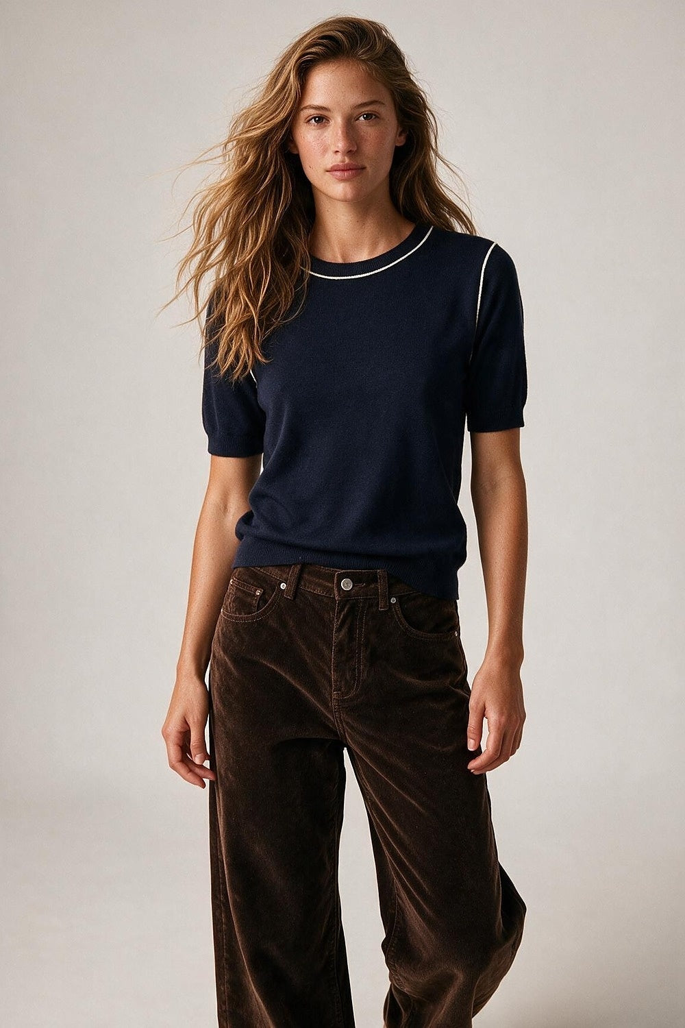 Navy Fine Knit Contrast Piping Short Sleeve Crew Neck sweater - Jumpers
