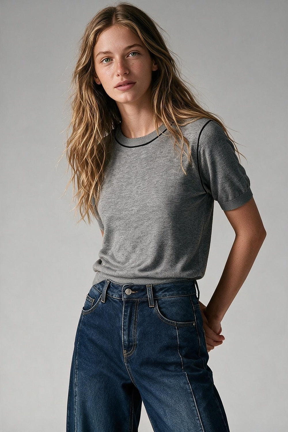 Grey Fine Knit Contrast Seam Crew Neck Short Sleeve sweater - Jumpers