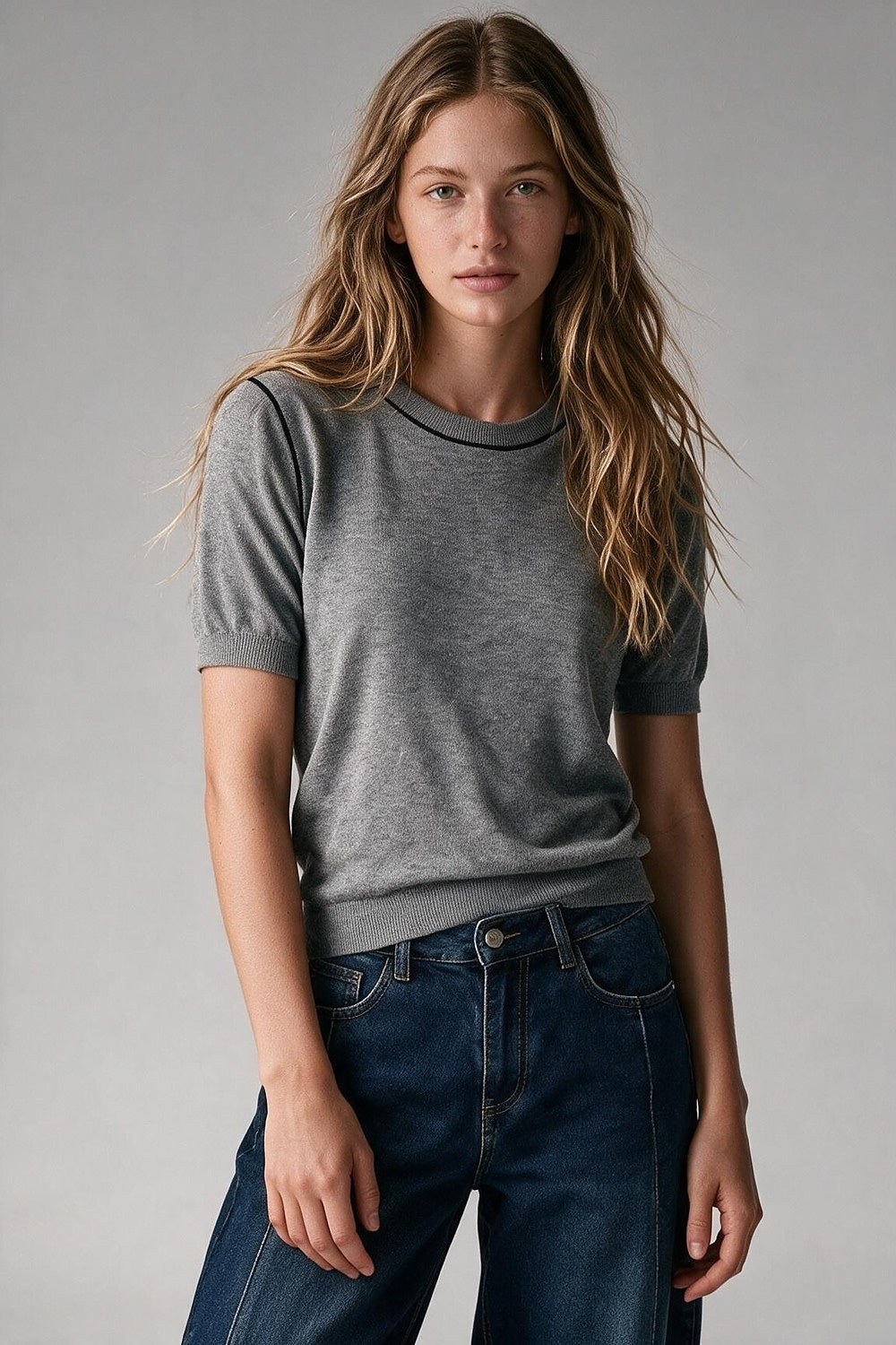 Grey Fine Knit Contrast Seam Crew Neck Short Sleeve sweater - Jumpers