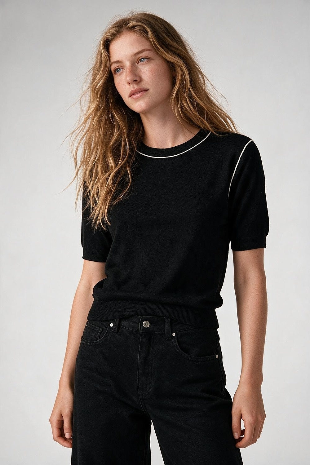 Black Fine Knit Contrast Seam Short Sleeve Sweater - Jumpers