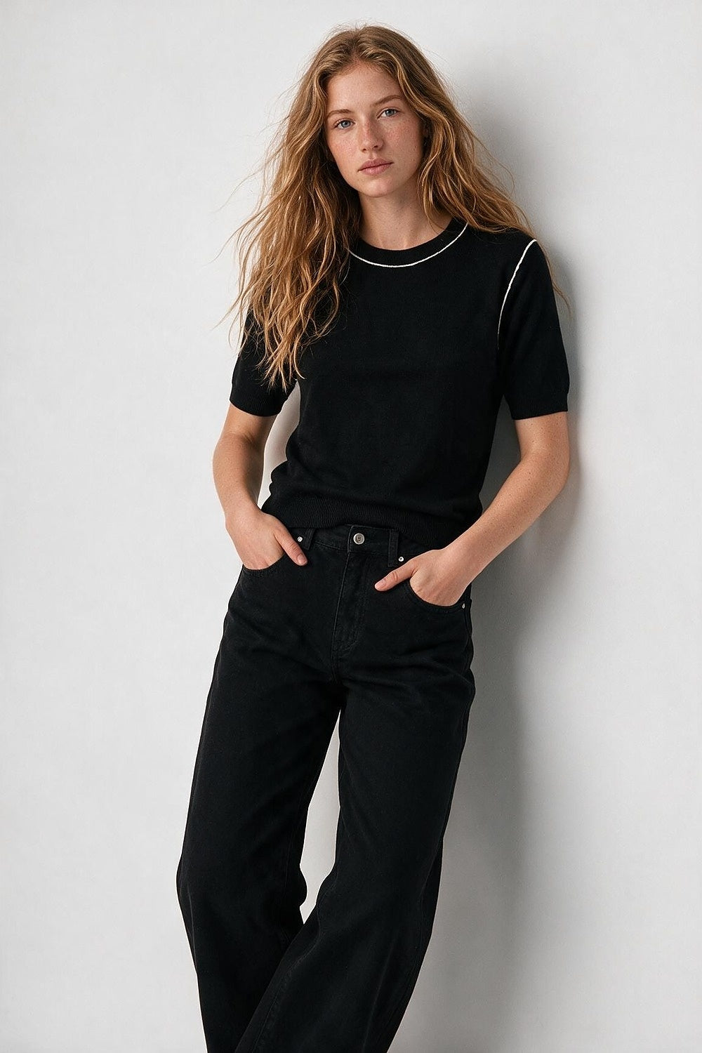 Black Fine Knit Contrast Seam Short Sleeve Sweater - Jumpers