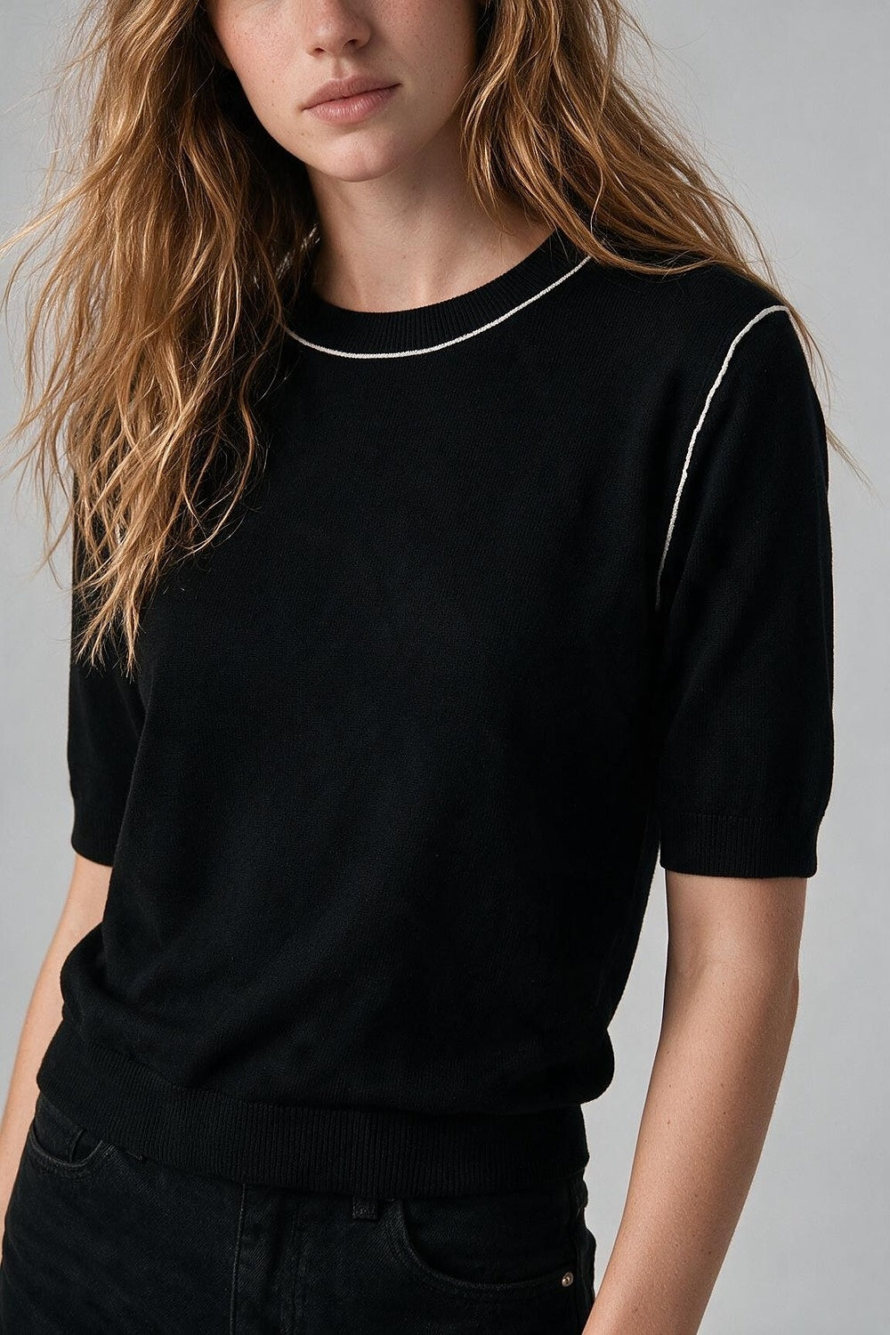 Black Fine Knit Contrast Seam Short Sleeve Sweater - Jumpers