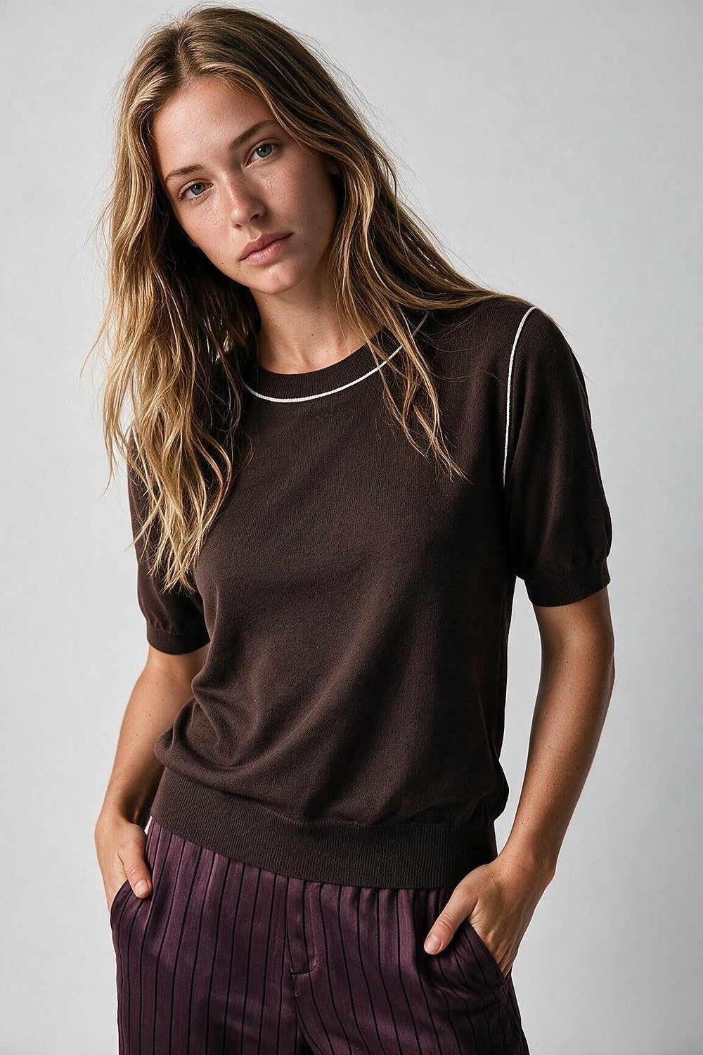 Brown Fine Knit Contrast Stitch Short Sleeve Crew Neck sweater - Jumpers
