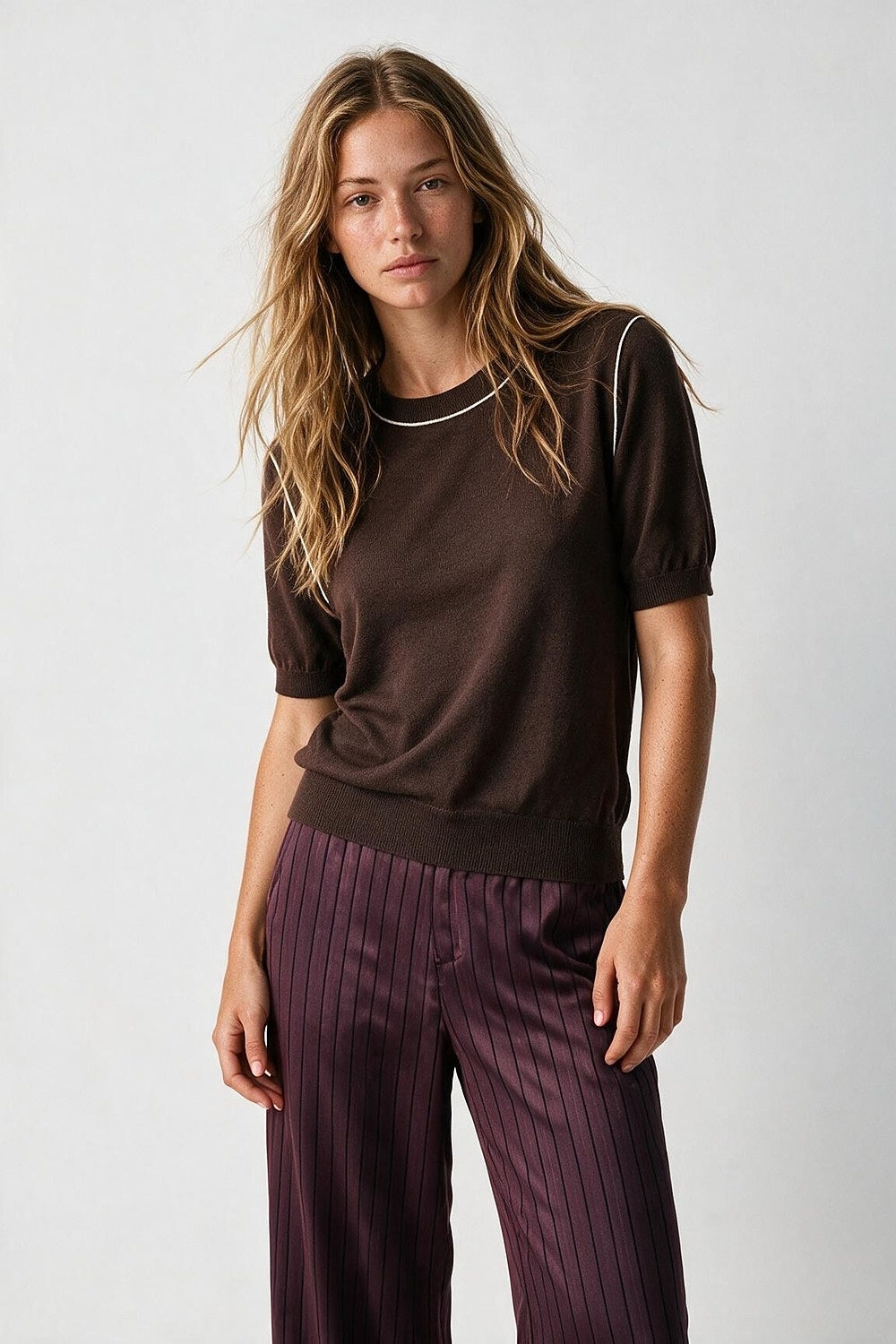 Brown Fine Knit Contrast Stitch Short Sleeve Crew Neck sweater - Jumpers