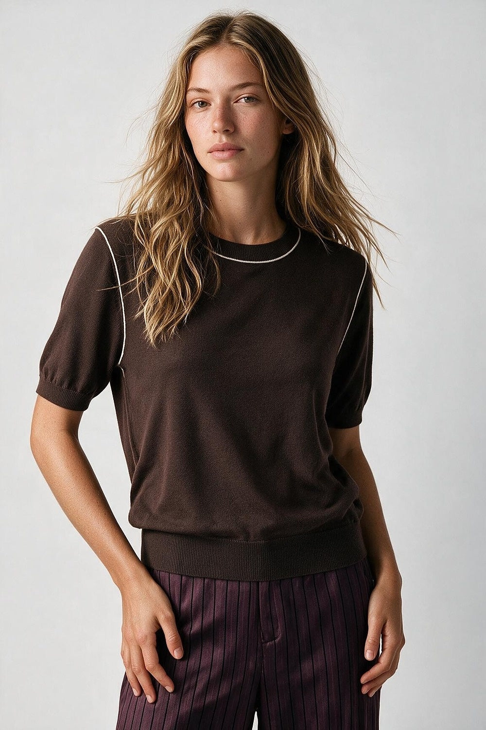 Brown Fine Knit Contrast Stitch Short Sleeve Crew Neck sweater - Jumpers