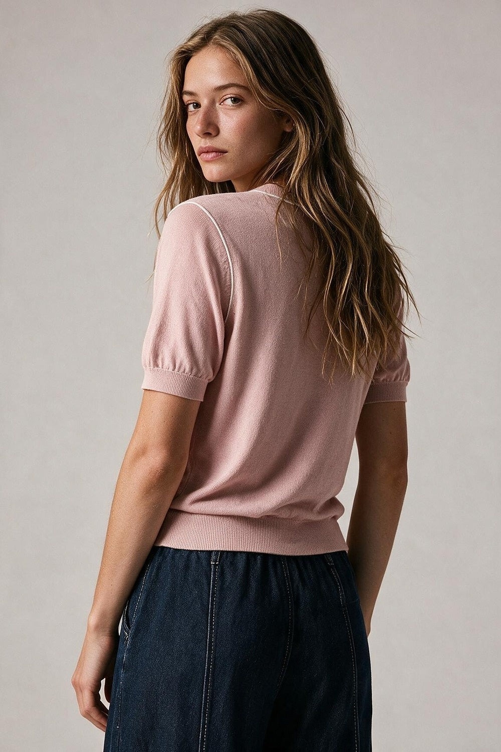 Pink Fine Knit Contrast Seam Short Sleeve Sweater - Jumpers