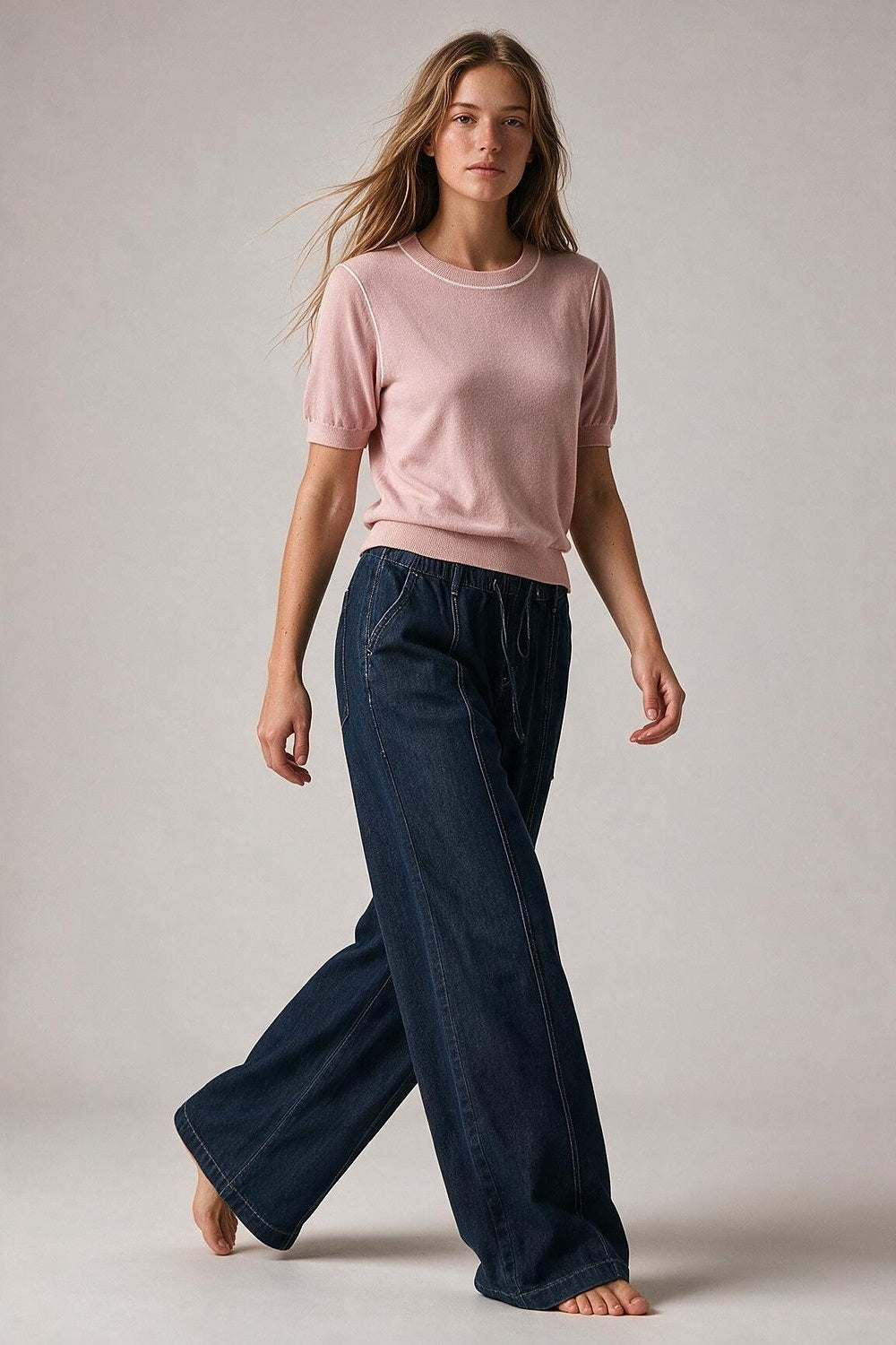 Pink Fine Knit Contrast Seam Short Sleeve Sweater - Jumpers