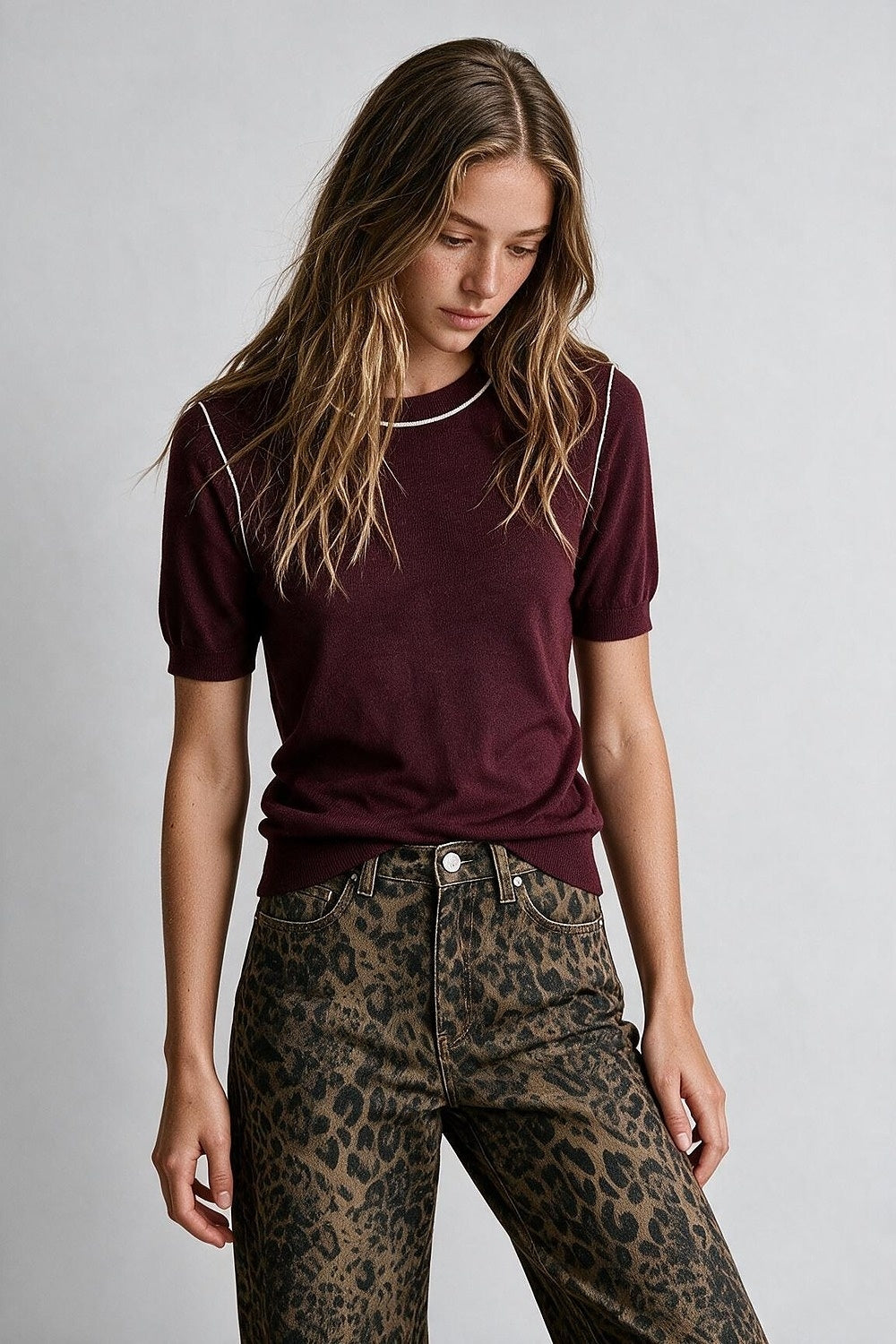 Burgundy Fine Knit Contrast Stitch Short Sleeve Crew Neck sweater - Jumpers