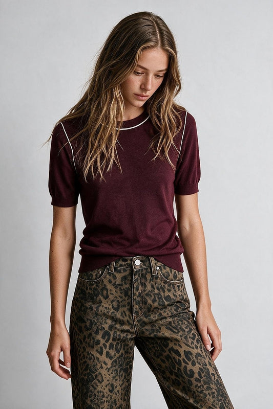 Burgundy Fine Knit Contrast Stitch Short Sleeve Crew Neck sweater - Jumpers