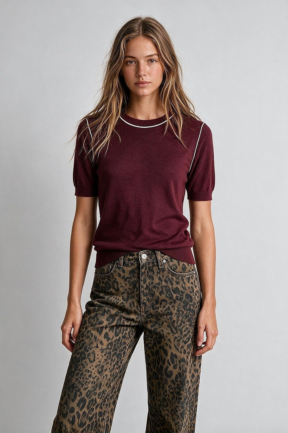 Burgundy Fine Knit Contrast Stitch Short Sleeve Crew Neck sweater - Jumpers