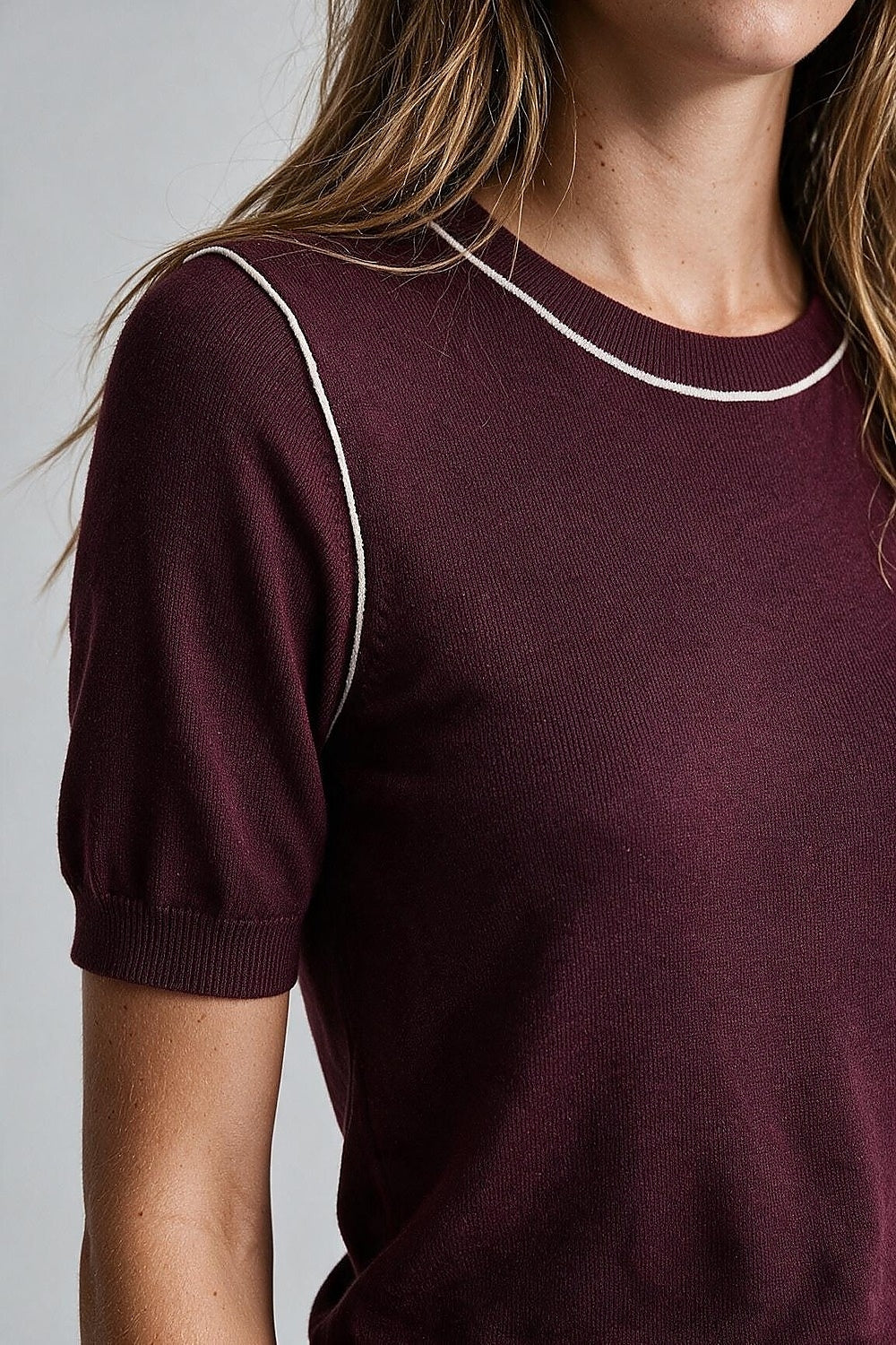 Burgundy Fine Knit Contrast Stitch Short Sleeve Crew Neck sweater - Jumpers