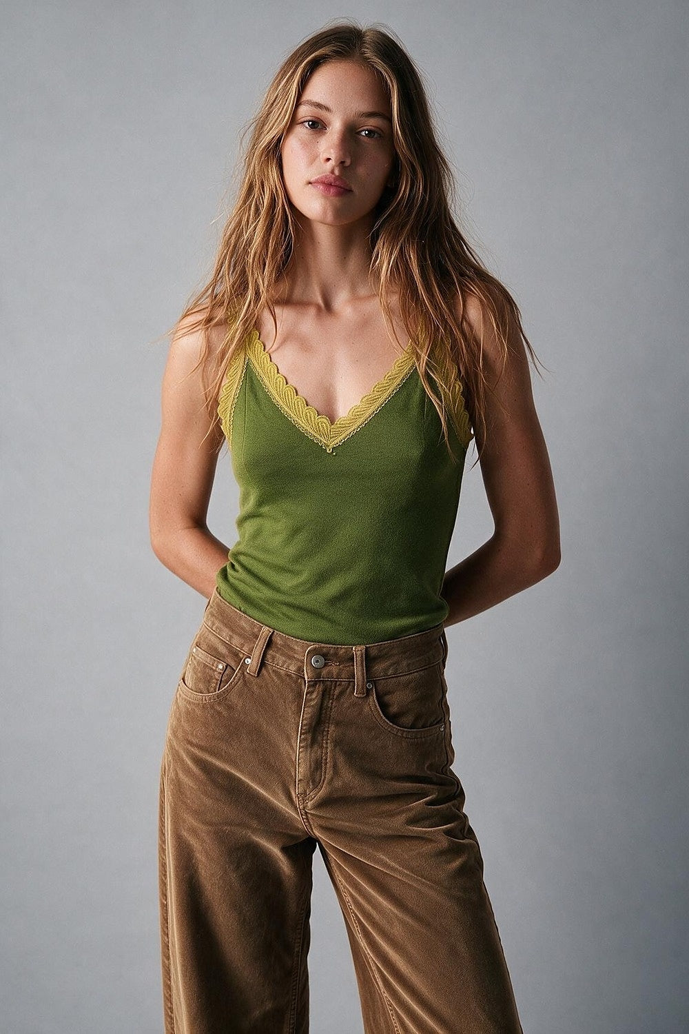 Fine-Knit Camisole with Contrast Lace Trim in Olive - Tops
