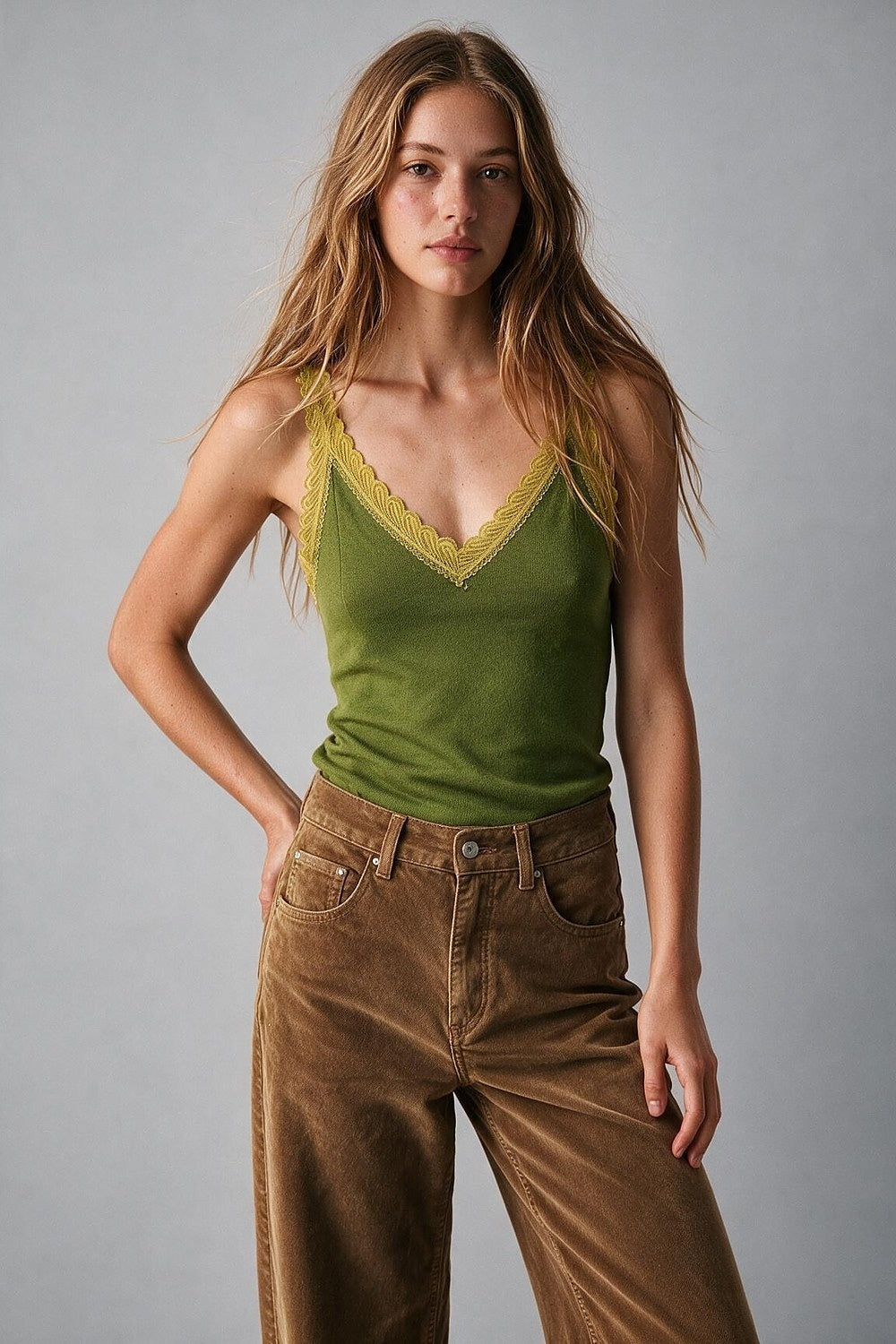 Fine-Knit Camisole with Contrast Lace Trim in Olive - Tops