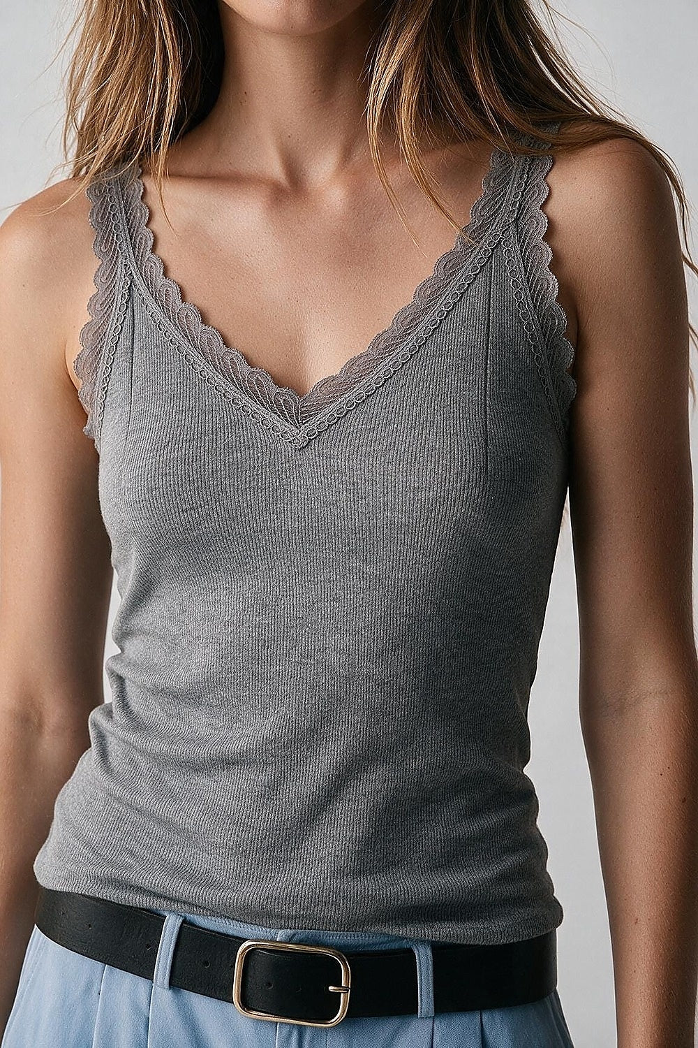 Fine-Knit Camisole with Contrast Lace Trim in grey - Tops