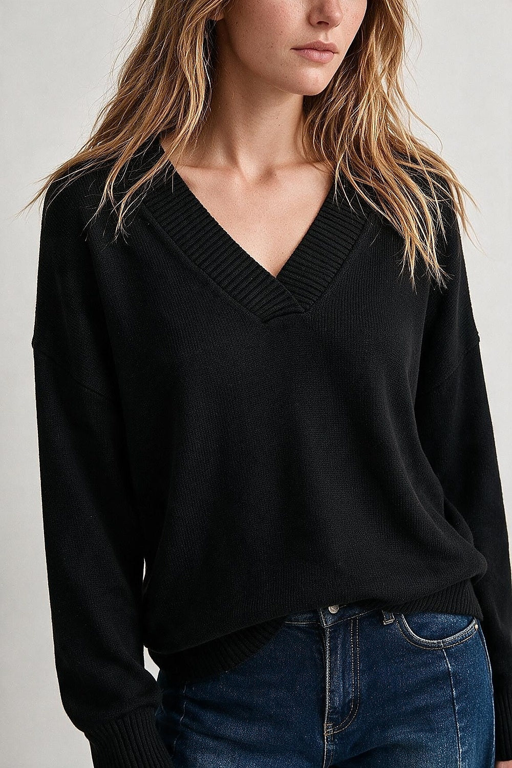 Black warm Knit wide V-Neck jumper - Jumpers