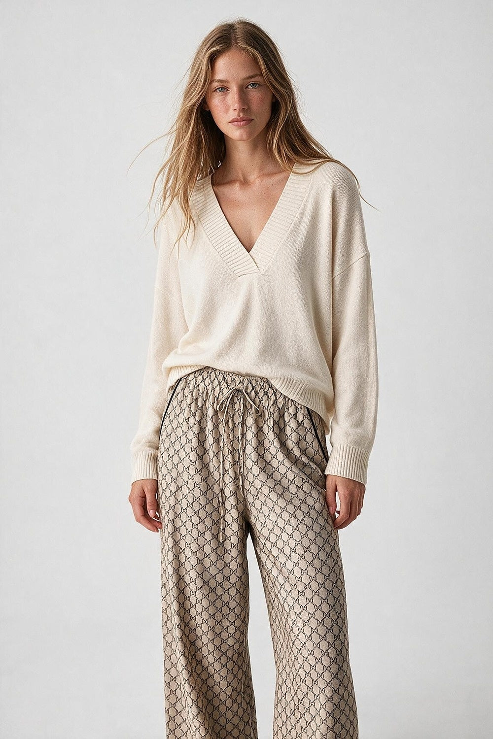 White warm Knit wide V-Neck jumper - Jumpers