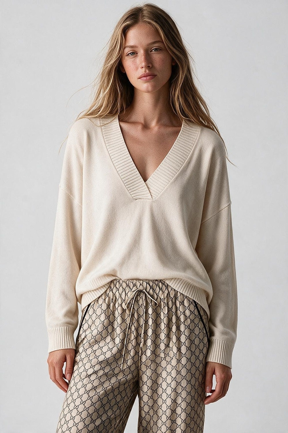 White warm Knit wide V-Neck jumper - Jumpers