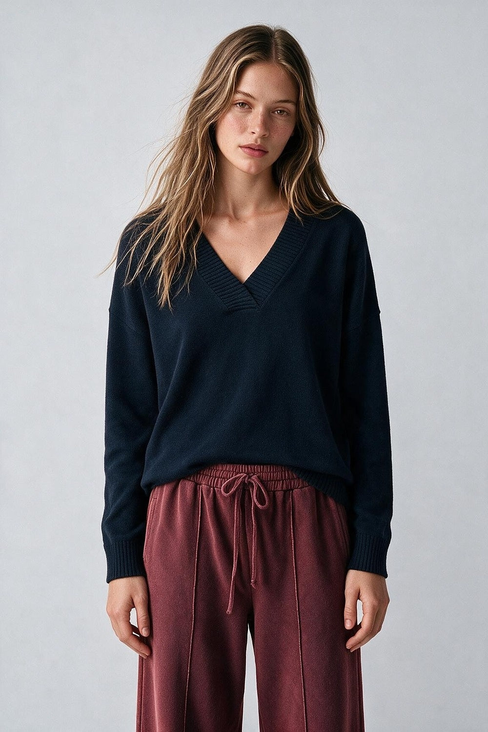 navy warm Knit wide V-Neck sweater - Jumpers