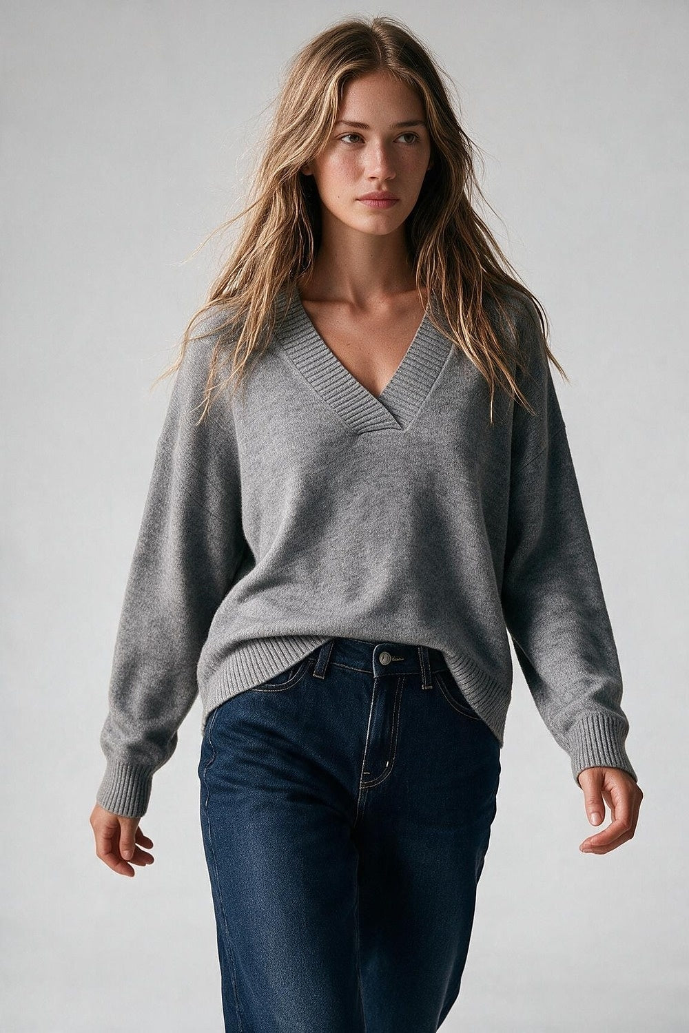 grey warm Knit wide V-Neck sweater