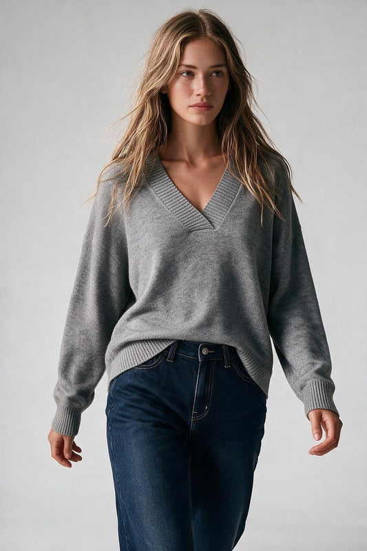 grey warm Knit wide V-Neck sweater - Jumpers