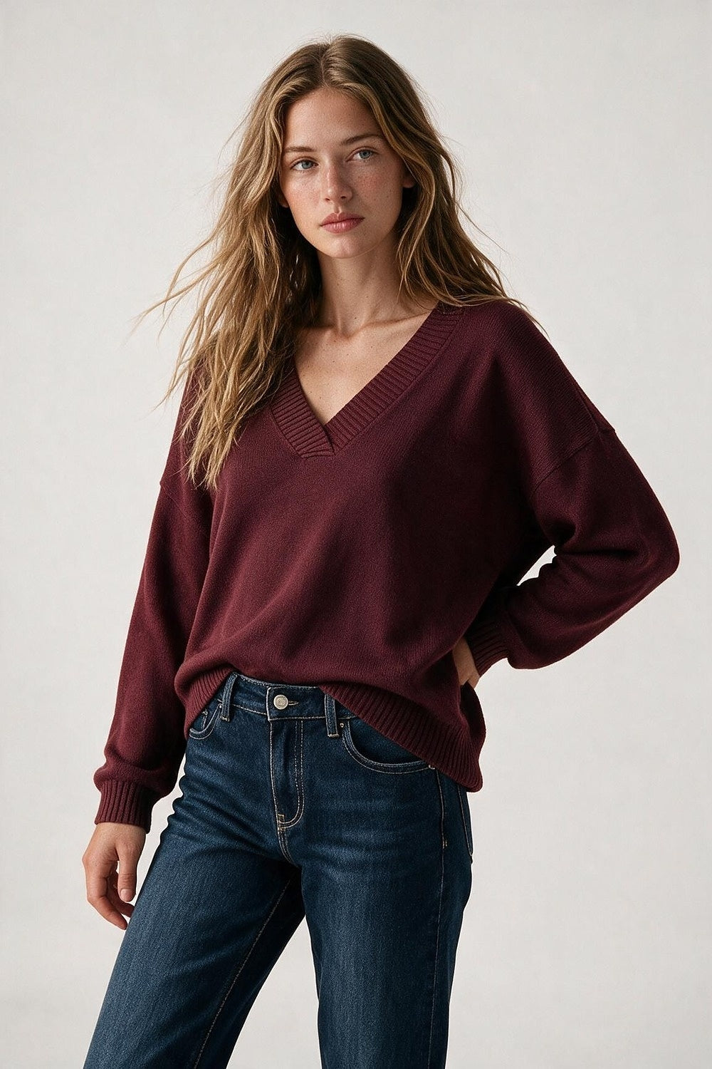 Burgundy warm Knit wide V-Neck sweater - Jumpers