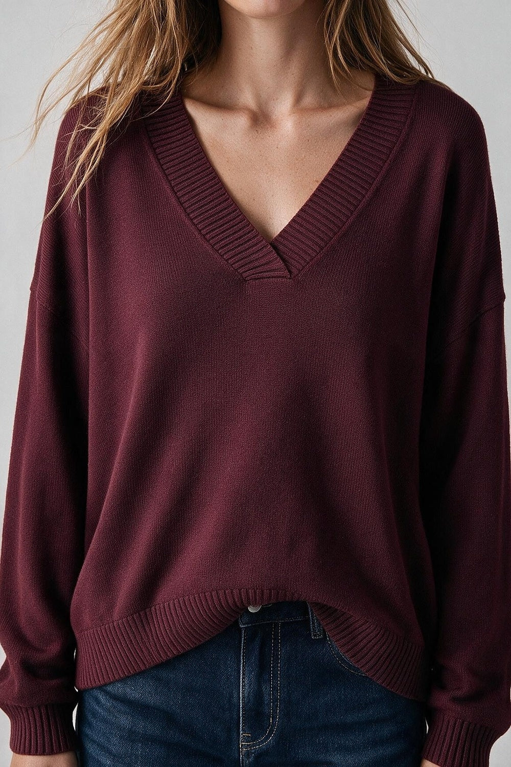 Burgundy warm Knit wide V-Neck sweater - Jumpers