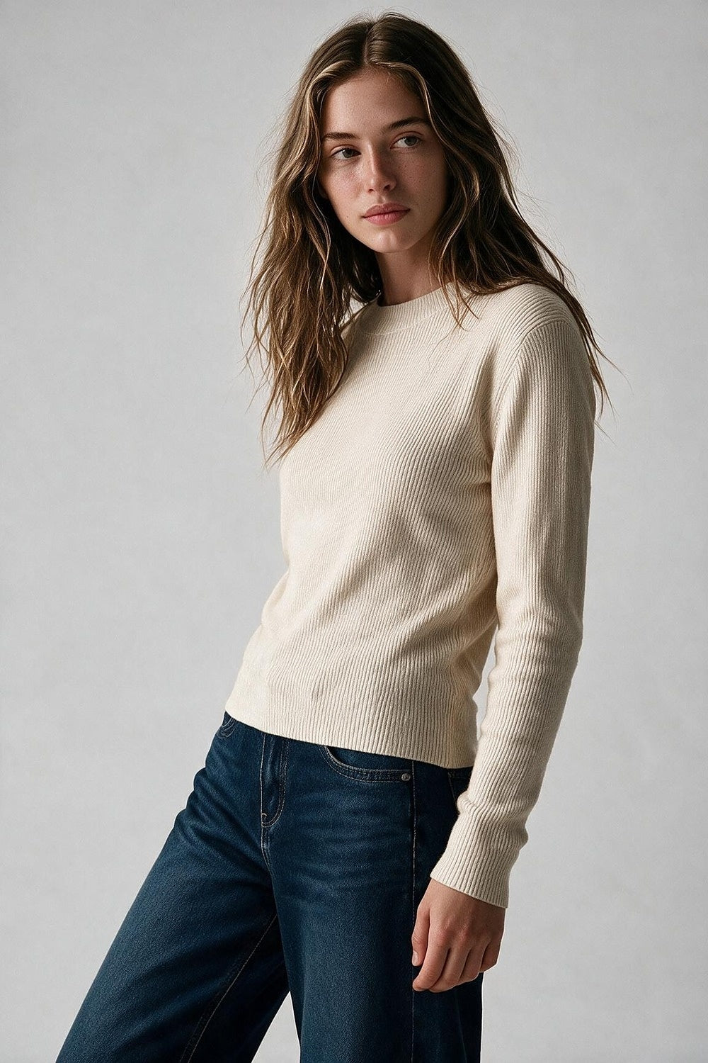 Fine Ribbed Merino Wool Sweater in cream with Mock neck - Jumpers