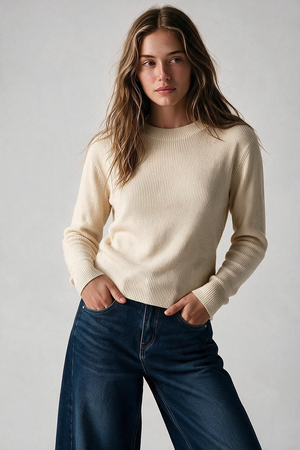 Fine Ribbed Merino Wool Sweater in cream with Mock neck - Jumpers