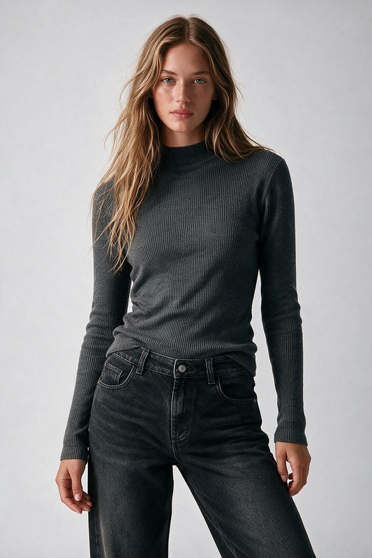 Fine Ribbed Merino Wool Sweater in grey with Mock neck - Jumpers