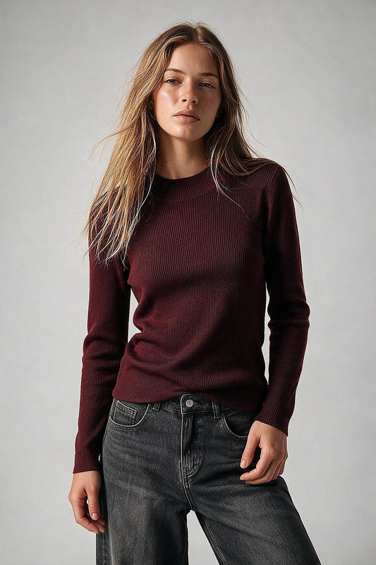 Fine Ribbed Merino Wool Sweater in Burgundy with Mock neck - Jumpers