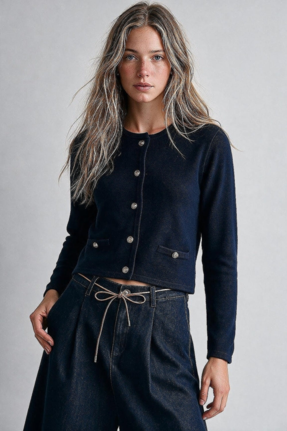 Navy Fine Knit Gold Button Cropped Cardigan Sweater - Cardigans