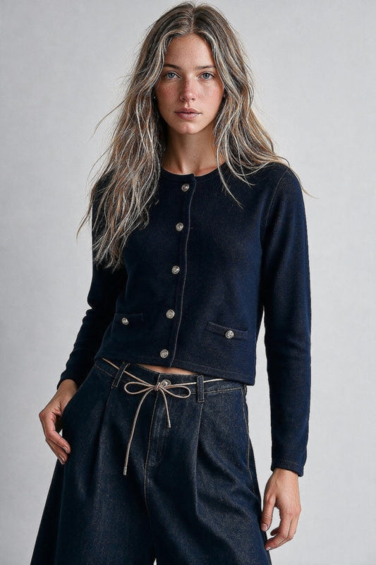 Navy Fine Knit Gold Button Cropped Cardigan Sweater - Cardigans