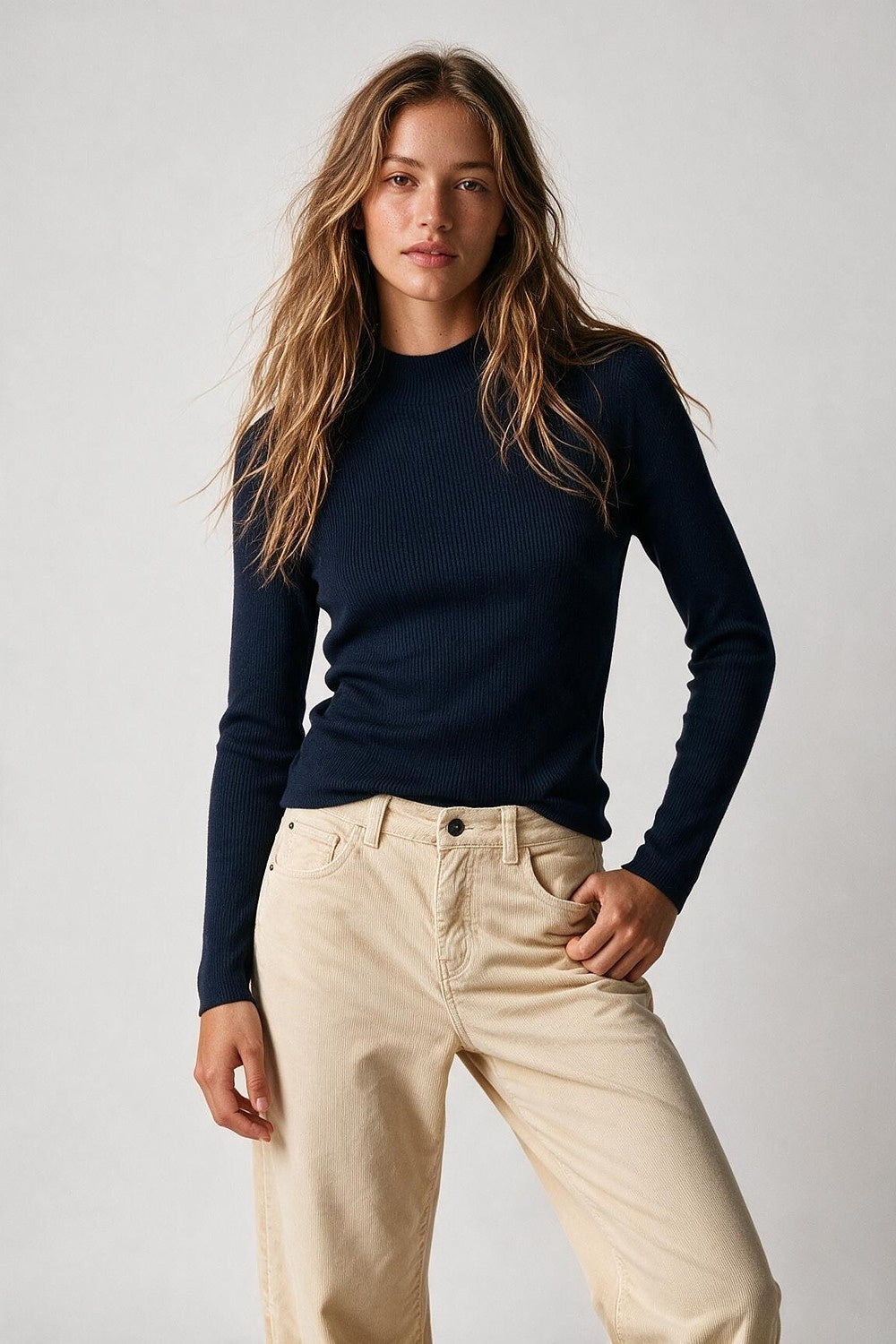 Fine Ribbed Merino Wool Sweater in navy with Mock neck - Jumpers