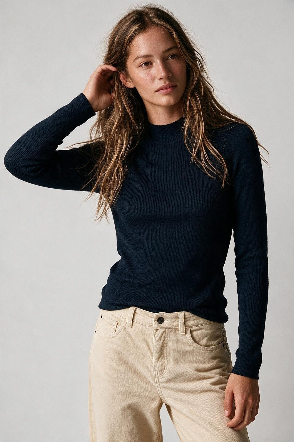 Fine Ribbed Merino Wool Sweater in navy with Mock neck - Jumpers