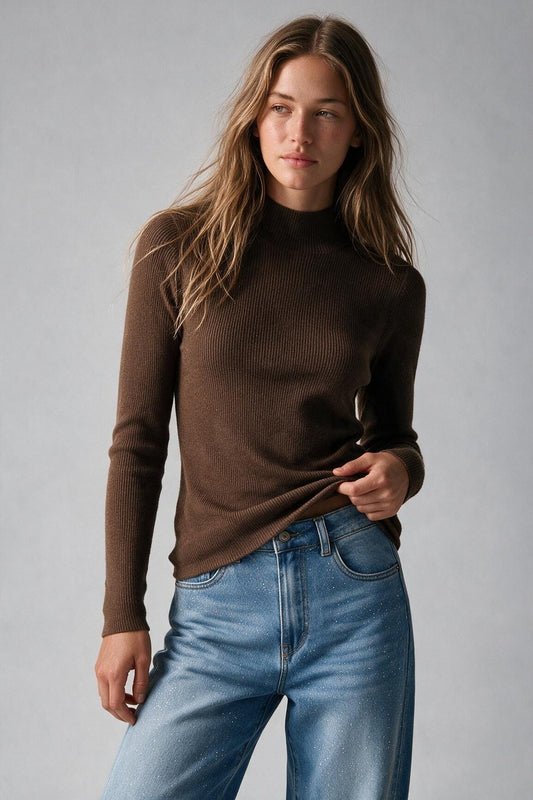 Fine Ribbed Merino Wool Sweater in camel with Mock neck - Jumpers