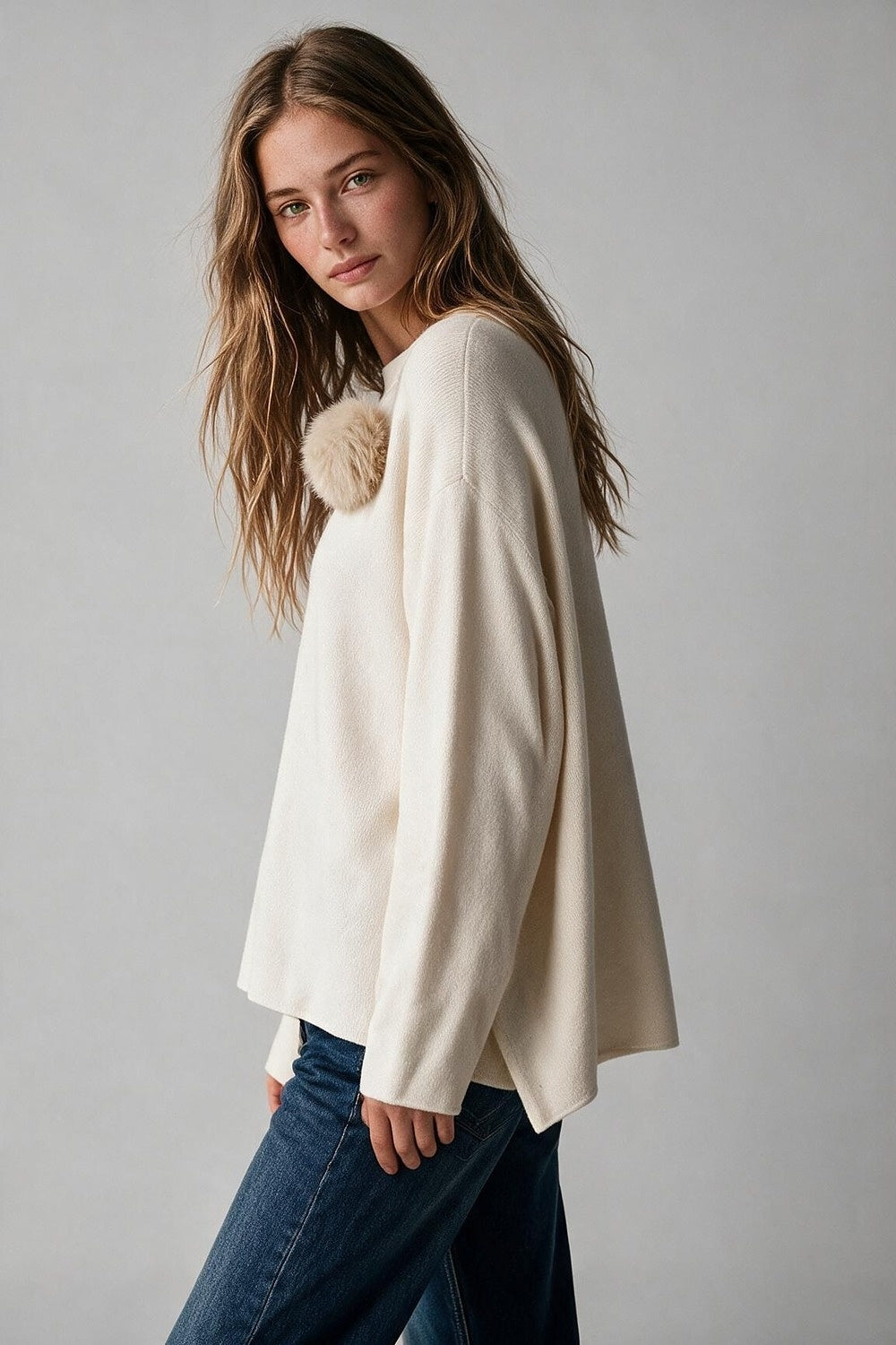 Cream chunky Knit Sweater with Pom-Pom Detail - Jumpers