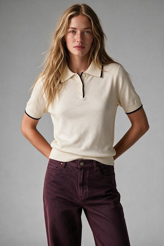Cream Fine Knit Contrast Trim Button sweater with Polo neckline - Polos