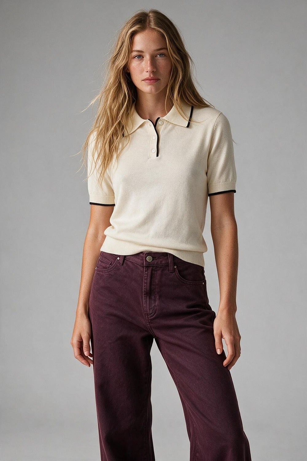 Cream Fine Knit Contrast Trim Button sweater with Polo neckline - Polos
