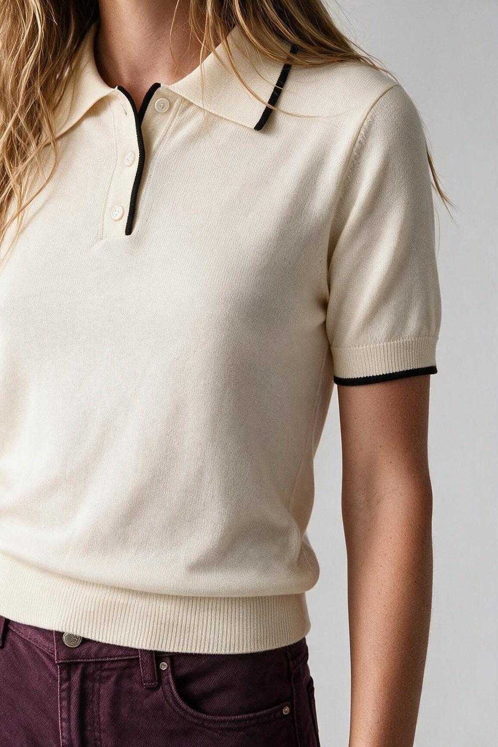 Cream Fine Knit Contrast Trim Button sweater with Polo neckline - Polos