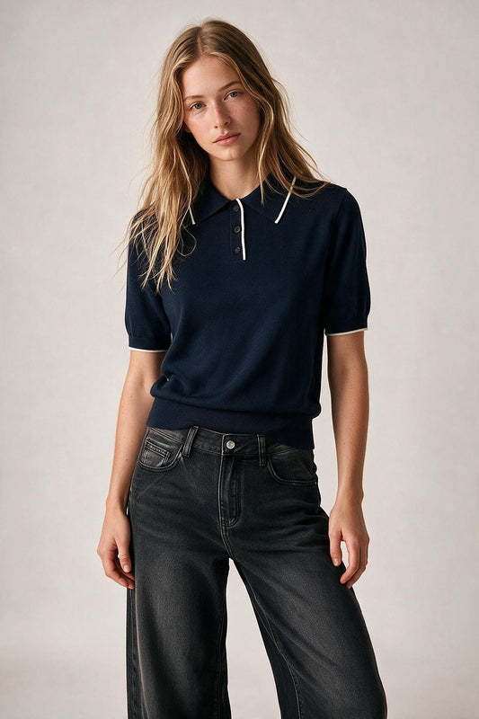Navy Fine Knit Contrast Collar sweater with Polo neckline with Button - Polos